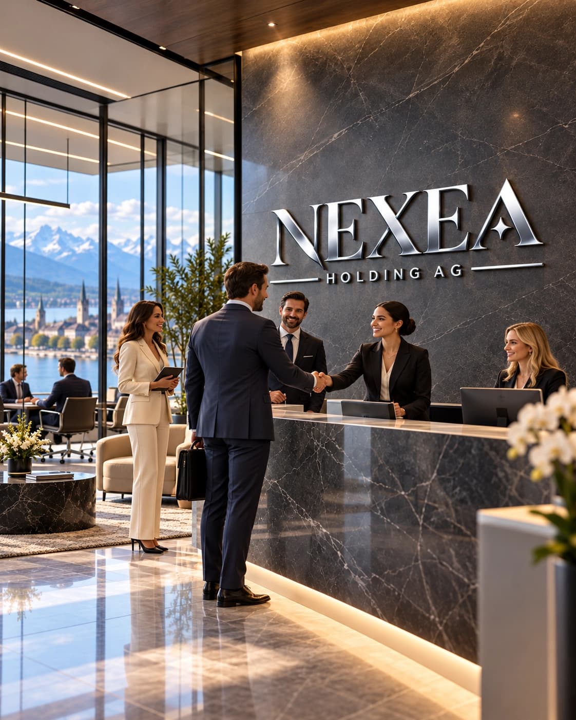 Nexea Holding AG reception with the company logo, a visitor being welcomed by the team, and lake and mountain views